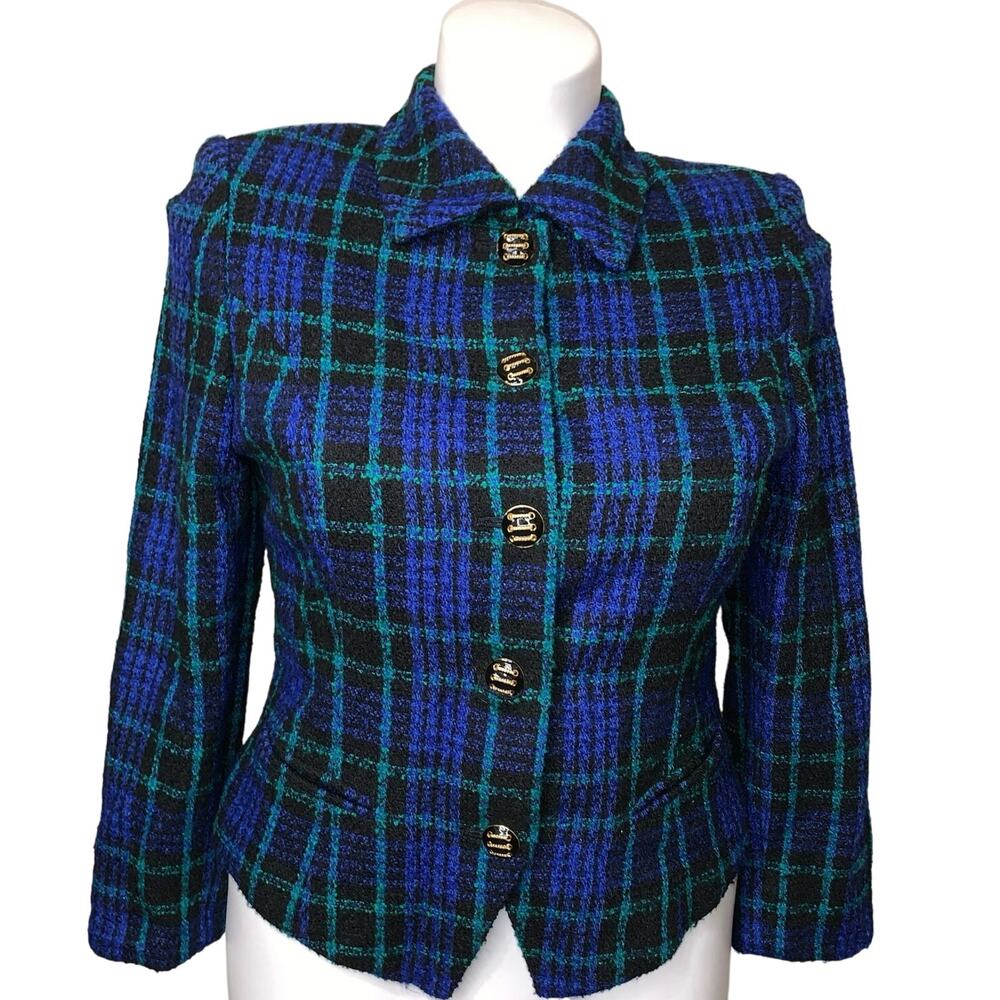Amanda Smith Petites Wool Plaid Tartan Print Blue & Green Blazer Jacket Size 8P